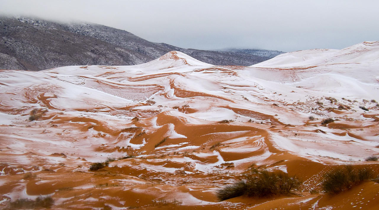 В пустыне Сахара идет снег